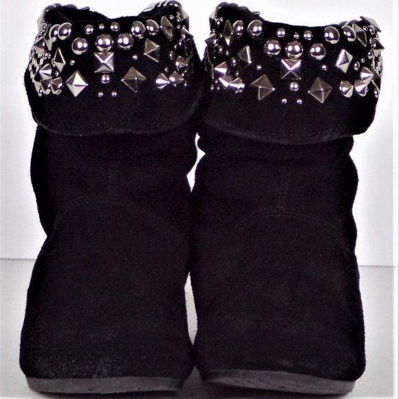 GIANNI BINI size 6.5M black suede low-rise flat-heel slouch boots metal studding - Picture 7 of 13